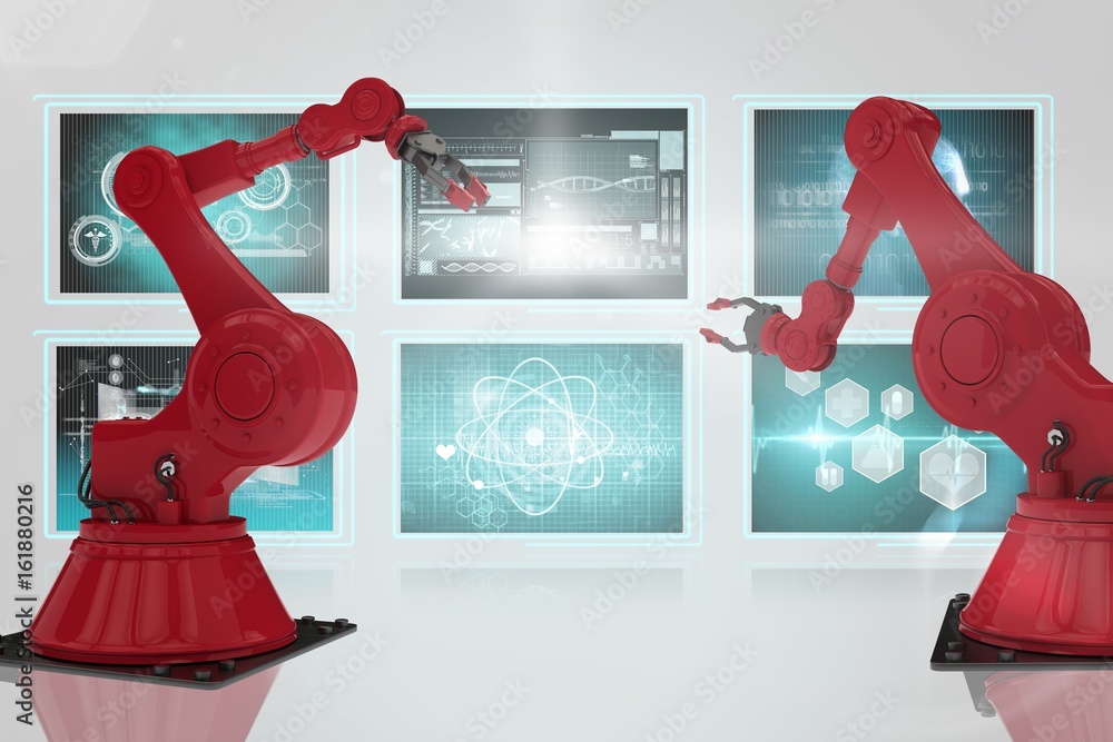 Poster composite 3d image of red robot arm with claw