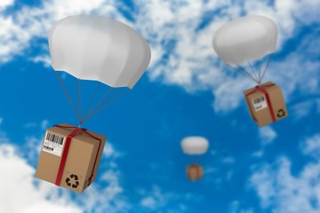 Composite image of 3d image of parachute carrying cardboard box