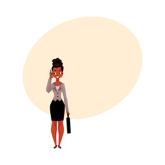 Young black, African American businesswoman with briefcase calling, talking by mobile phone, cartoon vector illustration with space for text. Black businesswoman standing, talking by phone