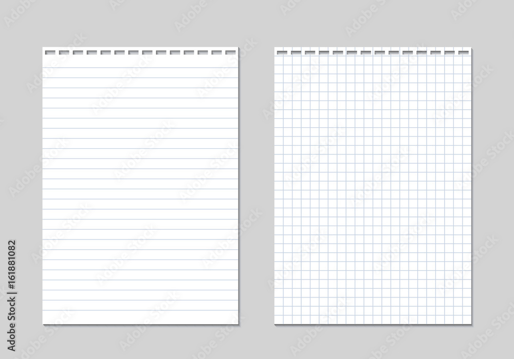 Poster set of two realistic vector illustration of blank sheets of square and lined paper from a block isol