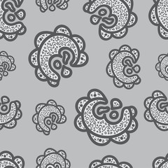 Seamless pattern. Doodle elements on gray background. Ornaments for web, wrapping paper, print, fabric, textile design. Monochrome vector illustration. Bright texture. Abstract backdrop. Aztec style.