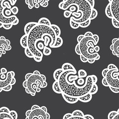 Seamless pattern. White doodle elements on gray background. Ornaments for web, wrapping paper, print, card, fabric, textile design. Vector illustration. Bright texture. Abstract backdrop. Aztec style.