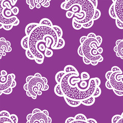 Seamless pattern. White doodle elements on purple background. Ornaments for web, wrapping paper, print, card, fabric, textile design. Vector illustration. Bright texture. Abstract backdrop.Aztec style