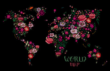 World map. Traditional folk fashionable stylish floral embroidery stitch on a black background. Sketch for printing on clothing, fabric, accessories and design. Windbreak trend