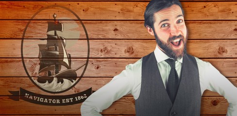 Composite image of portrait of happy businessman with mouth open