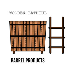 Wooden bathtub. Flat icon of barrel products. Object for design.
