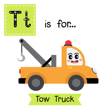 Letter T cute children colorful transportations alphabet tracing flashcard of Tow Truck for kids learning English vocabulary Vector Illustration.