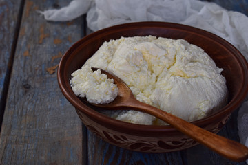 Cottage cheese from curdled milk or yoghurt in a clay bowl on a wooden background
