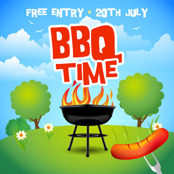 Barbecue summer party poster. Barbecue grill illustration. Barbecue party invitation. BBQ brochure menu design vector illustration.