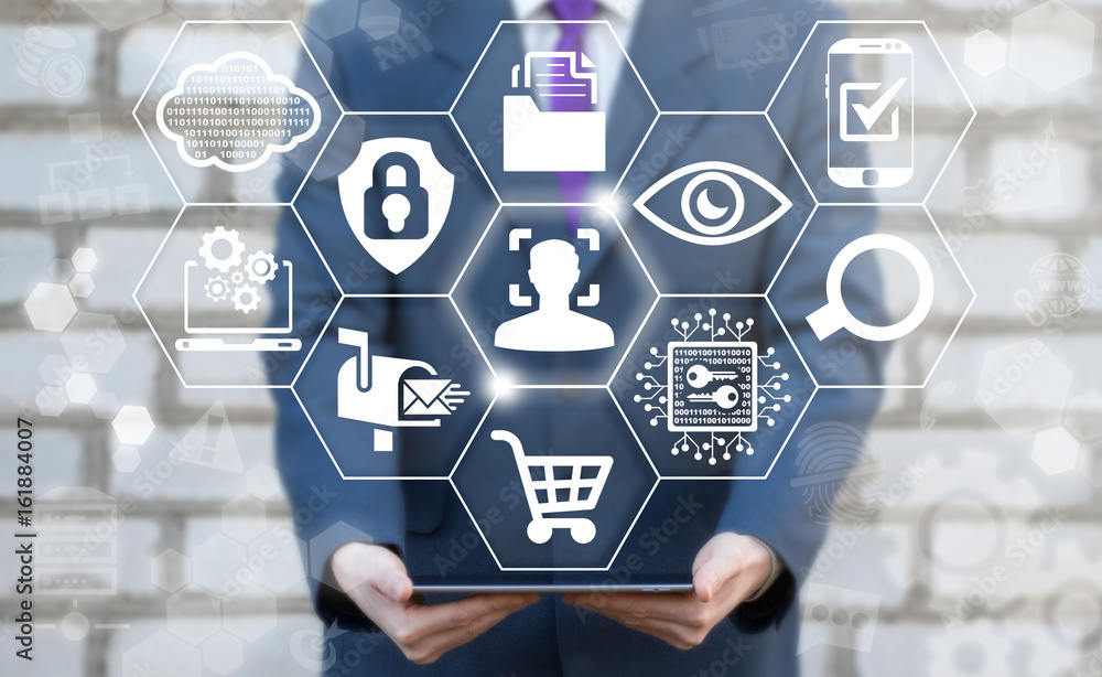 Poster face recognition tablet computer biometric scanning facial verification business web concept. man of