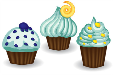 Three cupcakes with blue cream, berries and powder. Sweet, dessert