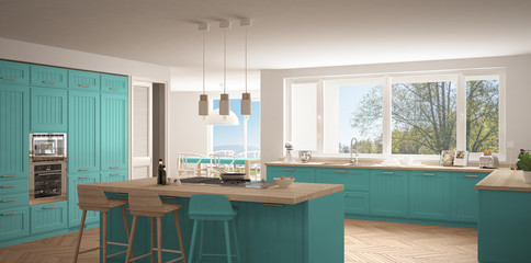 Modern scandinavia kitchen with big windows, panorama classic white and turquoise interior design