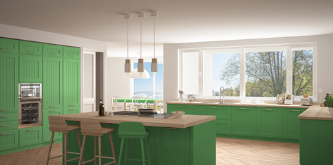 Modern scandinavia kitchen with big windows, panorama classic white and green interior design