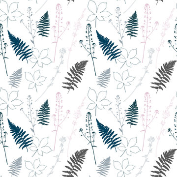 Floral vector seamless pattern with fern leaves, shepherd's purse plant, chestnut tree leaves and chicory flowers.