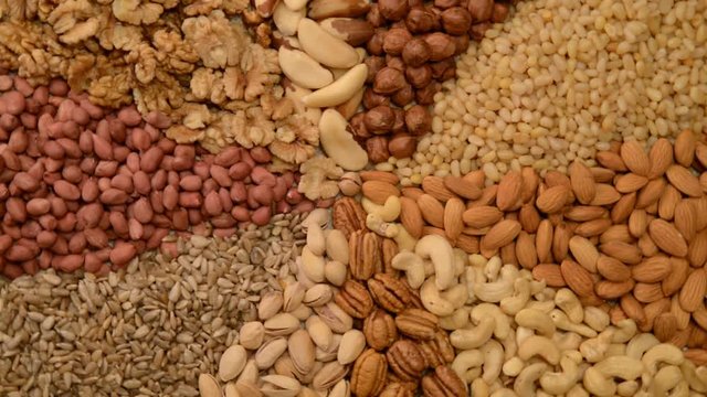 Nuts mix in a canvas bag in table.