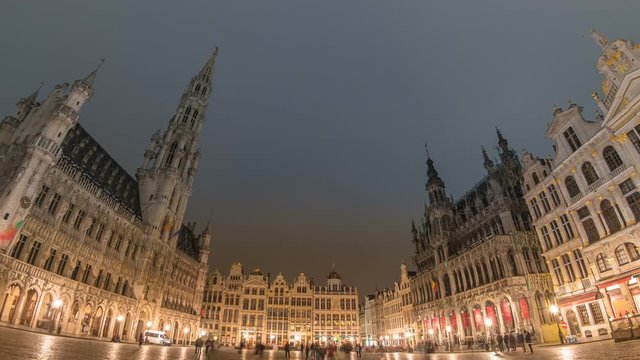Brussels city skyline night timelapse at Grand Place, Brussels, Belgium, 4K Time lapse