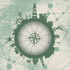 Circle with sea shipping and travel relative silhouettes. Vector illustration. Objects located around the circle. Industrial design background. Vintage compass. Grunge texture effect