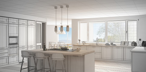 Unfinished project of modern scandinavia kitchen with big panoramic window, sketch abstract interior design