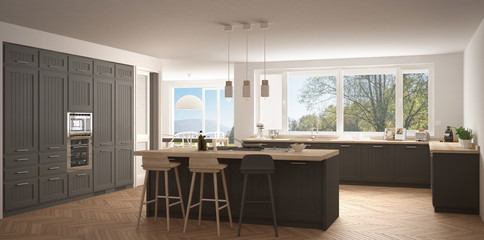 Modern scandinavia kitchen with big windows, panorama classic white and gray interior design