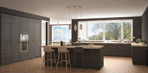 Modern scandinavia kitchen with big windows, panorama classic white and gray interior design