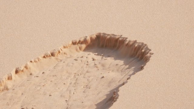 Sand carving out a small trench across the surface of dune