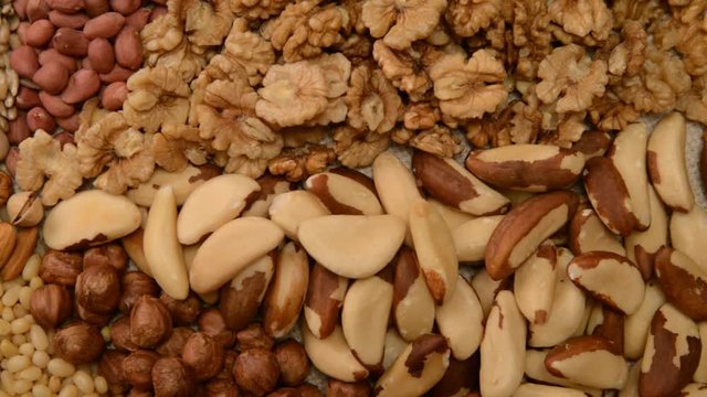 Nuts mix in a canvas bag in table.