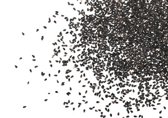 Black organic sesame seeds isolated on white background, top view