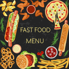 Fast food menu restaurant banner template with different dishes meals and drinks. Vector illustration eps 10