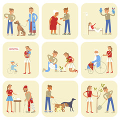 Naklejka premium Volunteers characters in flat design. Young people planted plants, trees, helping ill kids and seniors, feeding homeless men. Vector illustration eps 10