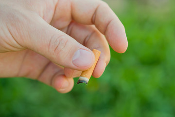 Fototapeta premium Cigarette in the man's hand on a background of green grass blur. The concept of a healthy lifestyle, the dangers of Smoking