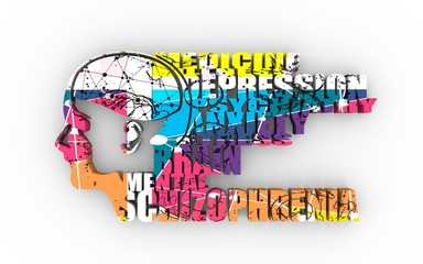 Abstract illustration of a human head with brain. Woman face silhouette. Medical theme creative concept. Connected lines with dots. Schizophrenia disease tags cloud. 3D rendering