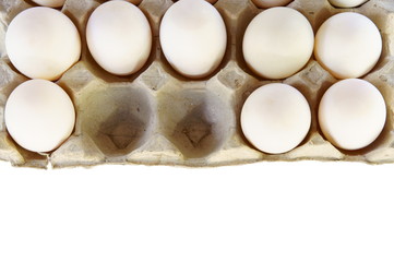 Duck eggs in paper tray isolated on white background