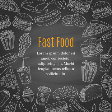 Fast food hand drawn vector chalkboard background