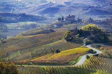 Road between the hills of Langa Piemonte Italy, at the bottom the castle of Grinzane cavour