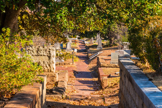 View of the tombstones, trees and footpath on the Oakland Cemetery in sunny autumn day, Atlanta, USA