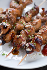 Closeup of bbq chicken breast on skewers, selective focus, studio shot