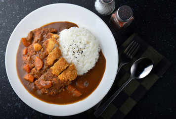 Rice with deep fried pork and curry . - obrazy, fototapety, plakaty