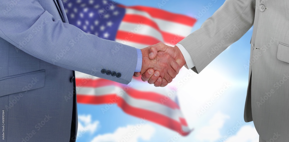 Poster composite image of side view of shaking hands