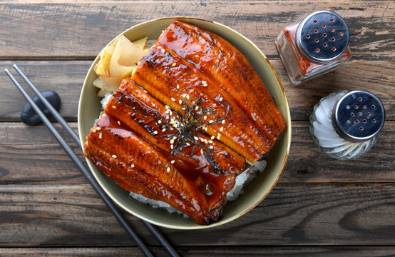 Japanese eel grilled with rice or Unagi don.