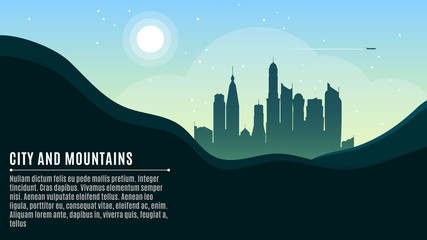 Landscape on the mountains and a big morning city. In the sky the airplane is flying. A place for your projects. Vector illustration in a flat style