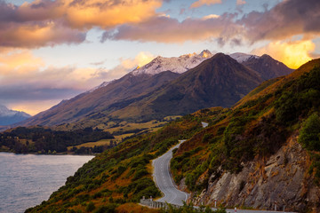 Scenic view of mountain landscape and the road, Bennetts bluff, NZ