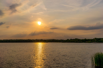 Fototapeta premium Romantic sunset at the Cospudener Lake near Leipzig
