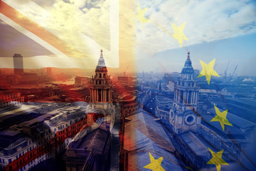 UK flag, EU flag and St. Paul Catherdral