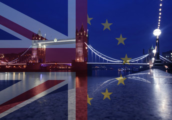 Fototapeta na wymiar UK flag, EU flag and Tower Bridge