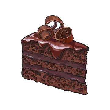 Hand drawn piece of layered chocolate cake with icing and shavings, sketch style vector illustration isolated on white background. Realistic hand drawing of piece, slice of chocolate cake
