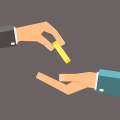 Hand giving gold coin to another hand. Flat vector illustration