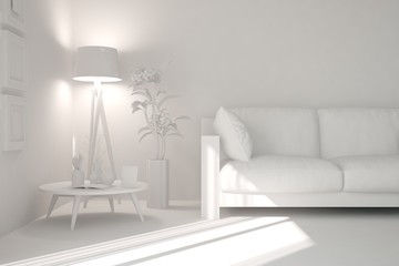 White room with sofa. Scandinavian interior design. 3D illustration