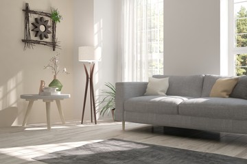 White modern room with sofa. Scandinavian interior design. 3D illustration