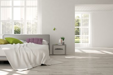 White bedroom with green landscape in window. Scandinavian interior design. 3D illustration