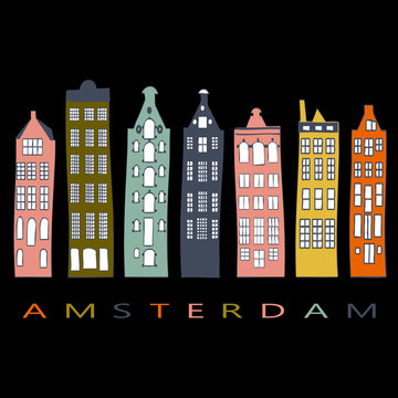 
An illustration of a row of typical dutch canal houses  in Amsterdam, the Netherlands. Stylized facades of old buildings in pastel colors on black background.
